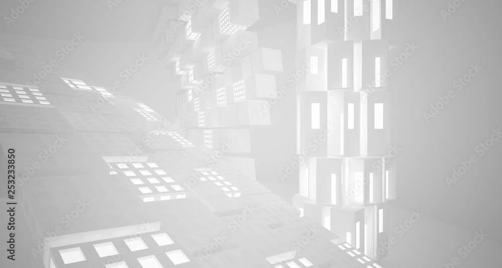Naklejka premium Abstract parametric white interior with neon lighting. 3D illustration and rendering.
