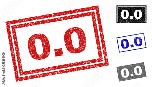 Grunge 0.0 rectangle stamp seals isolated on a white background. Rectangular seals with grunge texture in red, blue, black and grey colors. Vector rubber overlay of 0.