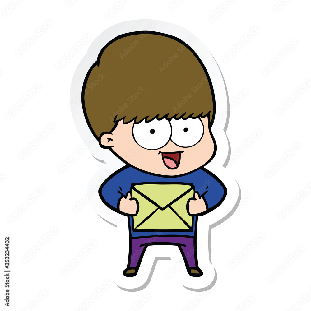 sticker of a happy cartoon boy with present sticker of a happy cartoon boy with present