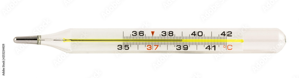 Mercury thermometer showing high body temperature isolated on white background Mercury thermometer showing high body temperature isolated on white background