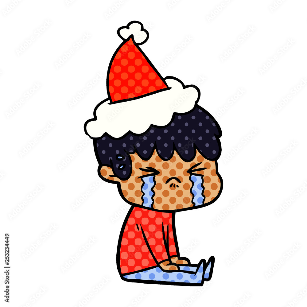 comic book style illustration of a boy crying wearing santa hat comic book style illustration of a boy crying wearing santa hat