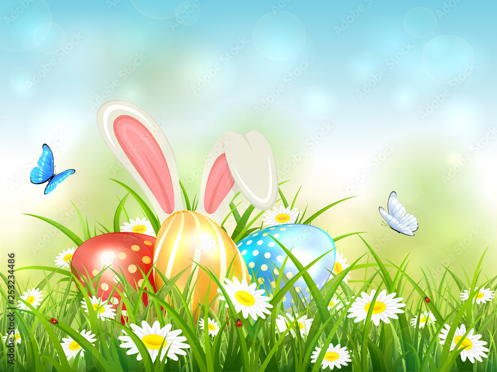 Blue Background with Rabbit and Easter Eggs in Grass
