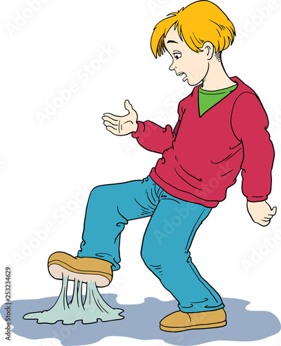 cartoon boy that has just stepped on sticky bubblegum