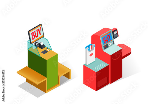 Self service cash registers at retail stores. Flat isometric vector illustration isolated on white background