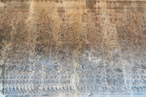 Relief of battle of Kurukshetra on the wall of gallery of Angkor Wat temple