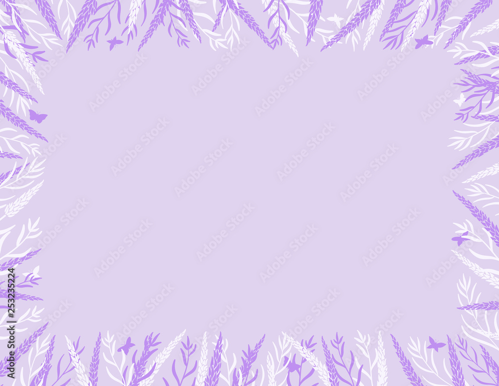 Lavender flowers with butterflies frame border with a blank space for a text, logo, or product designs. View from above. Paper scale. Hand drawn vector illustration.