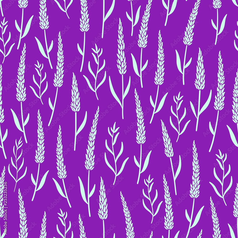 Lavender flowers seamless pattern. Vector illustration on purple background. For textile, web, print, surface design Lavender flowers seamless pattern. Vector illustration on purple background. For textile, web, print, surface design