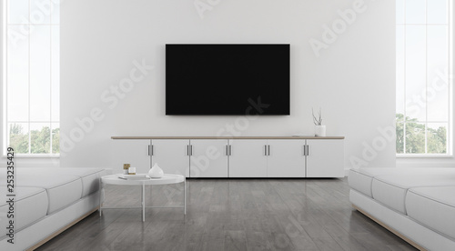 View of white living room in minimal style with furniture on bright laminate floor.Interior design with TV and cabinet.on white wall, 3d rendering. 