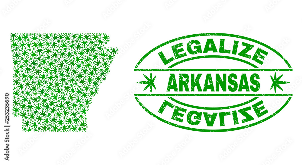 Vector cannabis Arkansas State map collage and grunge textured Legalize stamp seal. Concept with green weed leaves. Template for cannabis legalize campaign.