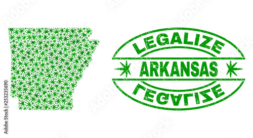 Vector cannabis Arkansas State map collage and grunge textured Legalize stamp seal. Concept with green weed leaves. Template for cannabis legalize campaign.
