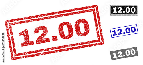 Grunge 12.00 rectangle stamp seals isolated on a white background. Rectangular seals with grunge texture in red, blue, black and gray colors. Vector rubber watermark of 12.