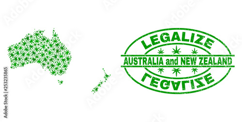 Vector cannabis Australia and New Zealand map collage and grunge textured Legalize stamp seal. Concept with green weed leaves. Template for cannabis legalize campaign.