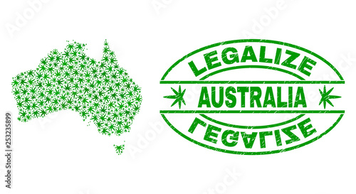 Vector marijuana Australia map collage and grunge textured Legalize stamp seal. Concept with green weed leaves. Concept for cannabis legalize campaign.