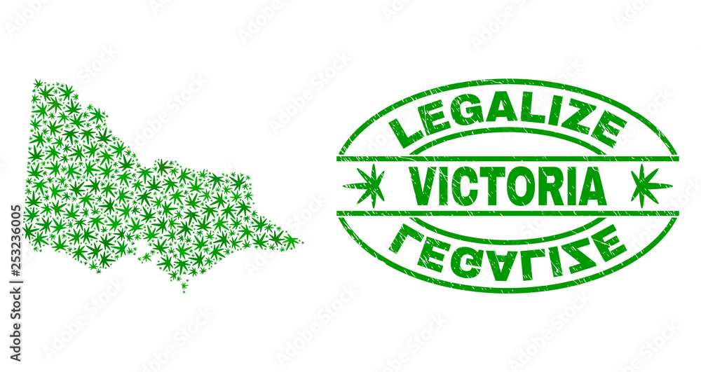 Vector cannabis Australian Victoria map collage and grunge textured Legalize stamp seal. Concept with green weed leaves. Concept for cannabis legalize campaign.
