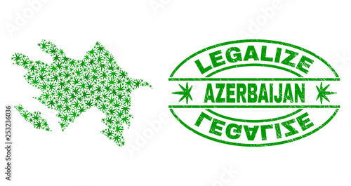 Vector cannabis Azerbaijan map mosaic and grunge textured Legalize stamp seal. Concept with green weed leaves. Concept for cannabis legalize campaign.