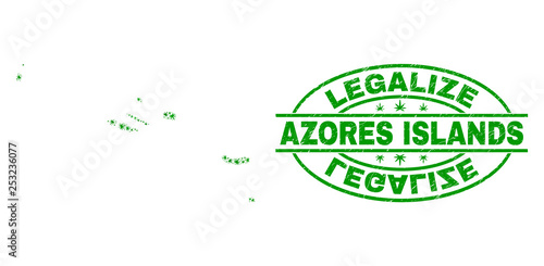 Vector cannabis Azores Islands map mosaic and grunge textured Legalize stamp seal. Concept with green weed leaves. Concept for cannabis legalize campaign.