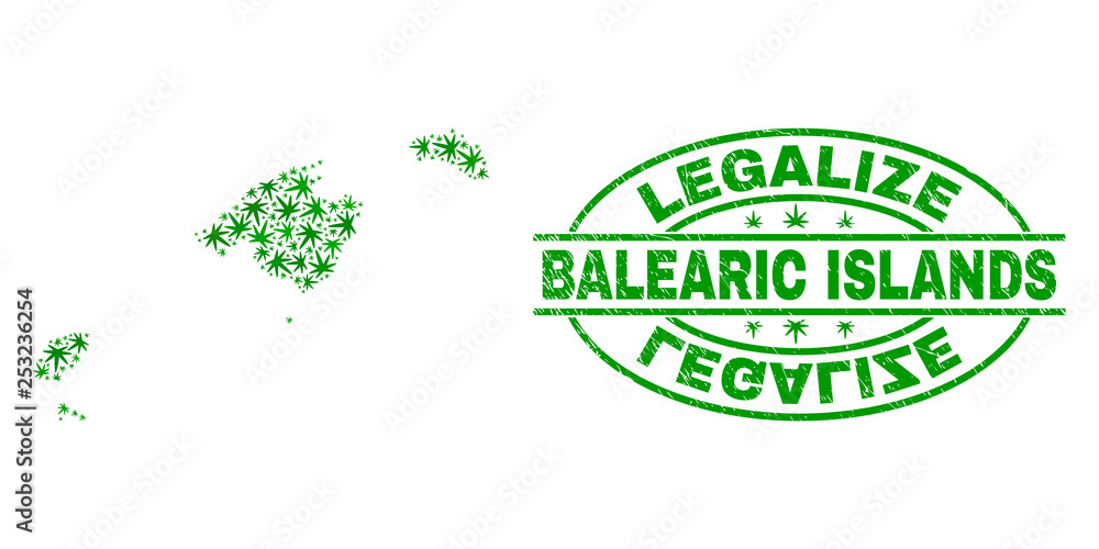 Vector cannabis Balearic Islands map mosaic and grunge textured Legalize stamp seal. Concept with green weed leaves. Template for cannabis legalize campaign.
