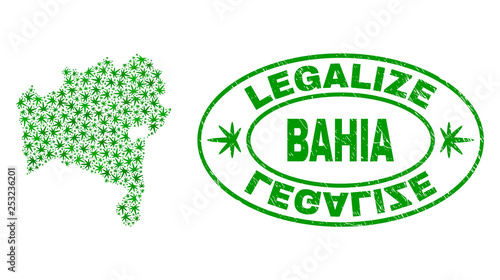 Vector cannabis Bahia State map collage and grunge textured Legalize stamp seal. Concept with green weed leaves. Concept for cannabis legalize campaign.