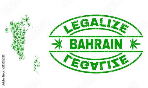 Vector cannabis Bahrain map collage and grunge textured Legalize stamp seal. Concept with green weed leaves. Concept for cannabis legalize campaign. Vector Bahrain map is created from cannabis leaves.