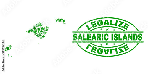 Vector cannabis Balearic Islands map mosaic and grunge textured Legalize stamp seal. Concept with green weed leaves. Template for cannabis legalize campaign.