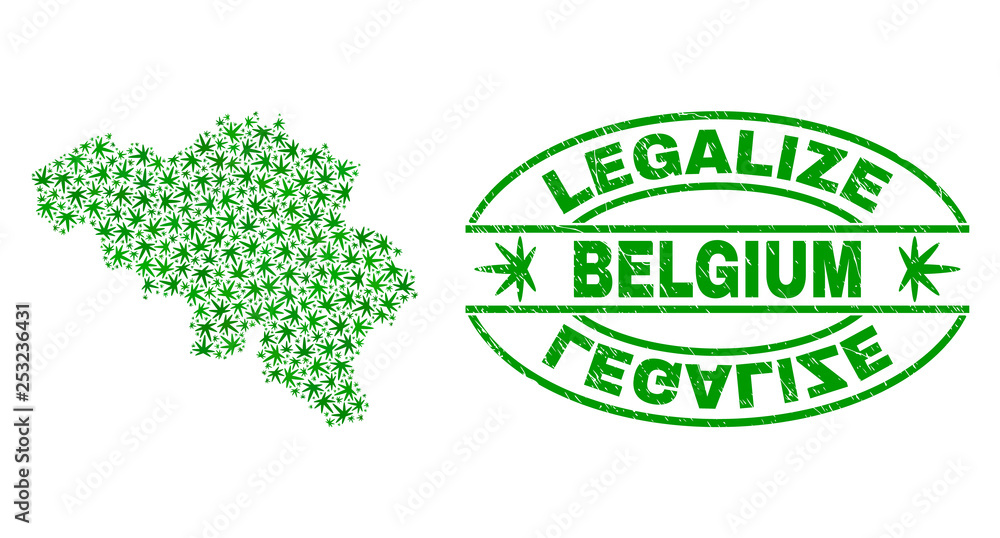 Vector cannabis Belgium map collage and grunge textured Legalize stamp seal. Concept with green weed leaves. Concept for cannabis legalize campaign. Vector Belgium map is formed with cannabis leaves.