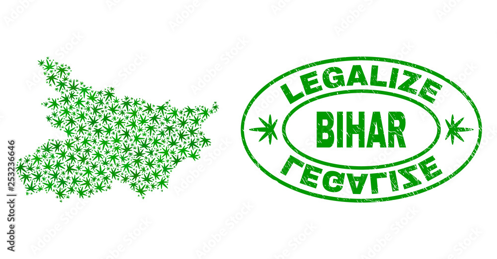 Vector cannabis Bihar State map collage and grunge textured Legalize stamp seal. Concept with green weed leaves. Concept for cannabis legalize campaign.