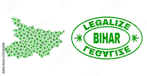 Vector cannabis Bihar State map collage and grunge textured Legalize stamp seal. Concept with green weed leaves. Concept for cannabis legalize campaign.