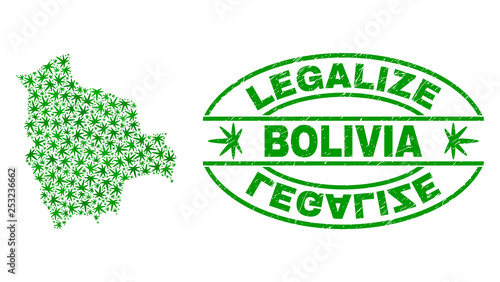 Vector cannabis Bolivia map mosaic and grunge textured Legalize stamp seal. Concept with green weed leaves. Template for cannabis legalize campaign.