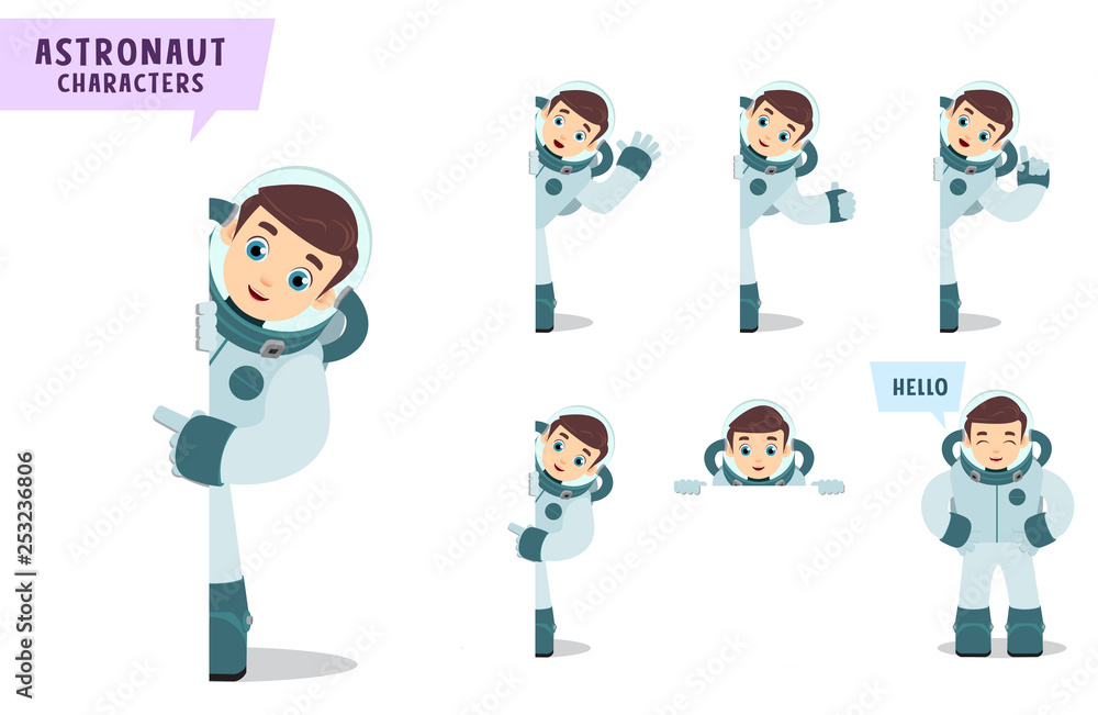 Astronaut vector character set. Astronaut kids talking and riding rocket with hand gestures and poses for science and astronomy presentation. Vector illustration.