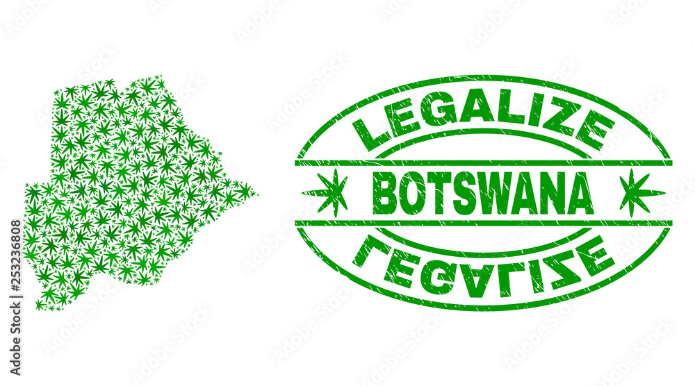 Vector cannabis Botswana map mosaic and grunge textured Legalize stamp seal. Concept with green weed leaves. Concept for cannabis legalize campaign. Vector Botswana map is created with weed leaves.