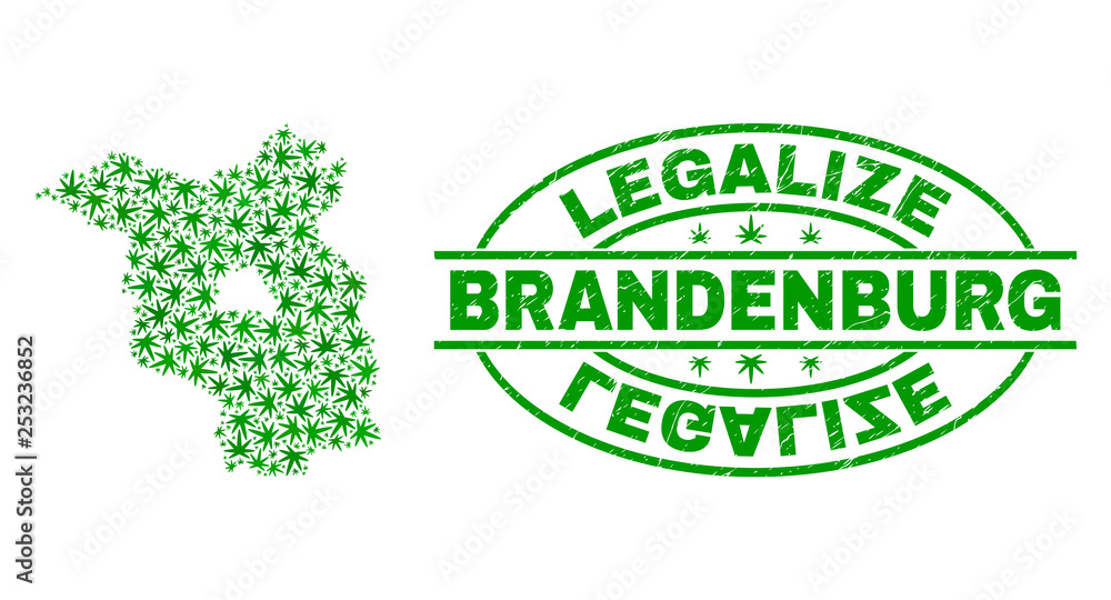Vector cannabis Brandenburg Land map mosaic and grunge textured Legalize stamp seal. Concept with green weed leaves. Concept for cannabis legalize campaign.
