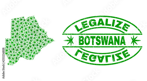 Vector cannabis Botswana map mosaic and grunge textured Legalize stamp seal. Concept with green weed leaves. Concept for cannabis legalize campaign. Vector Botswana map is created with weed leaves.