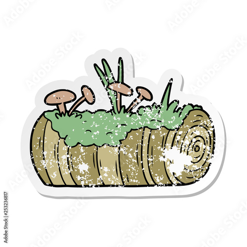 distressed sticker of a cartoon old log with mushrooms