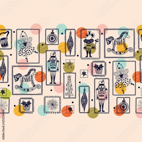 The Christmas story of the Nutcracker. Horizontal seamless pattern.