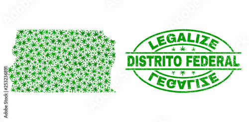 Vector cannabis Brazil Distrito Federal map mosaic and grunge textured Legalize stamp seal. Concept with green weed leaves. Concept for cannabis legalize campaign.