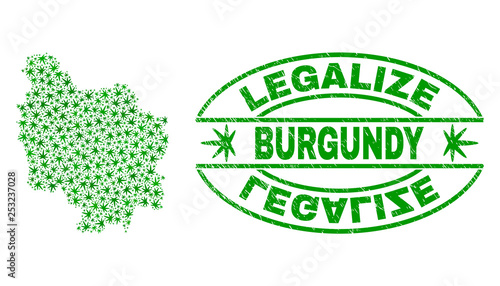 Vector cannabis Burgundy Province map mosaic and grunge textured Legalize stamp seal. Concept with green weed leaves. Template for cannabis legalize campaign.