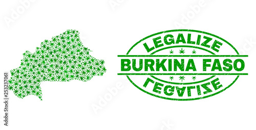 Vector cannabis Burkina Faso map mosaic and grunge textured Legalize stamp seal. Concept with green weed leaves. Concept for cannabis legalize campaign.