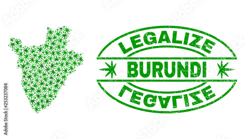 Vector cannabis Burundi map collage and grunge textured Legalize stamp seal. Concept with green weed leaves. Concept for cannabis legalize campaign.