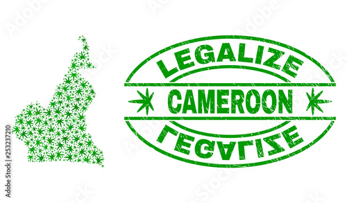 Vector cannabis Cameroon map mosaic and grunge textured Legalize stamp seal. Concept with green weed leaves. Concept for cannabis legalize campaign. Vector Cameroon map is constructed of weed leaves.