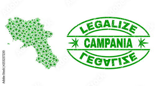 Vector marijuana Campania region map mosaic and grunge textured Legalize stamp seal. Concept with green weed leaves. Concept for cannabis legalize campaign.
