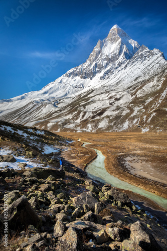 The mighty peaks of Himalayas and the glacier water streams