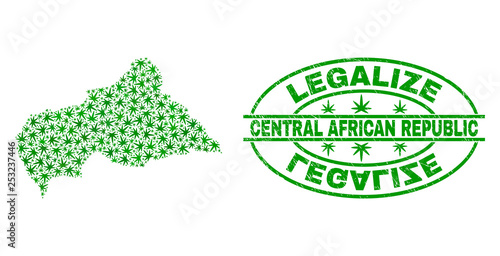 Vector marijuana Central African Republic map collage and grunge textured Legalize stamp seal. Concept with green weed leaves. Concept for cannabis legalize campaign.