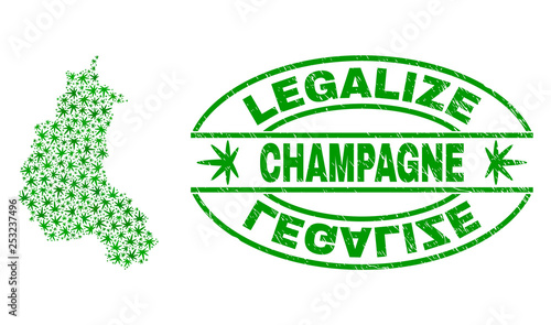 Vector cannabis Champagne Province map collage and grunge textured Legalize stamp seal. Concept with green weed leaves. Concept for cannabis legalize campaign.