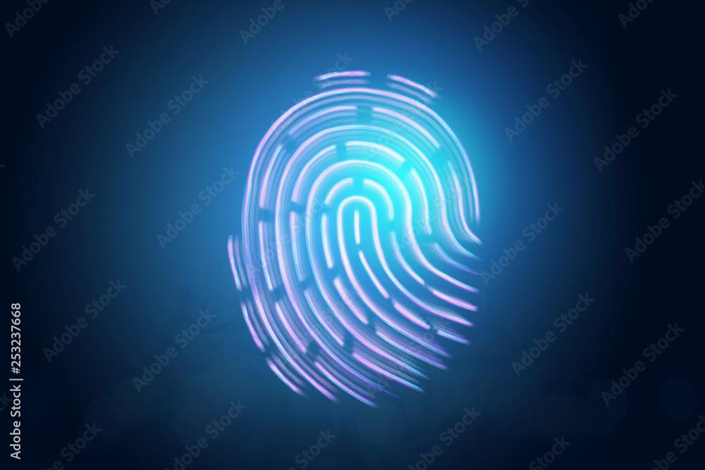 custom made wallpaper toronto digitalFuturistic hologram fingerprint, blue, ultraviolet. Concept of fingerprint, biometric, information technology and cyber security, technology, data protection. 3D illustration, 3D rendering.