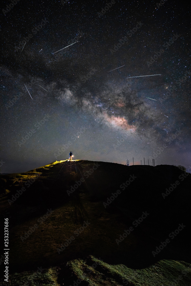 Meteor shower with a milky way clearly visible on the night sky of Indian himalayas
