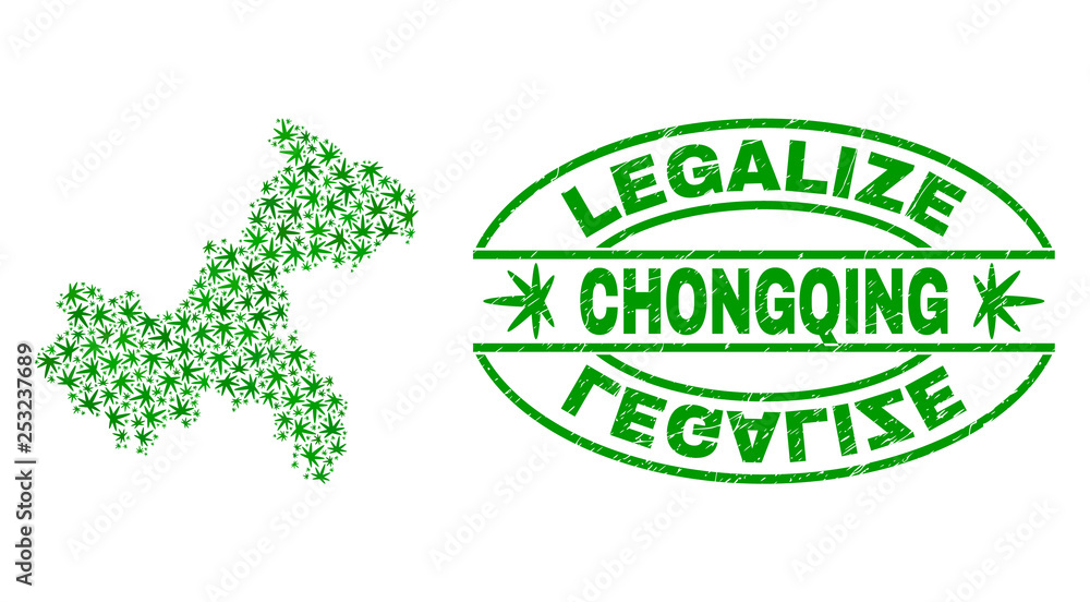 Vector marijuana Chongqing City map mosaic and grunge textured Legalize stamp seal. Concept with green weed leaves. Concept for cannabis legalize campaign.