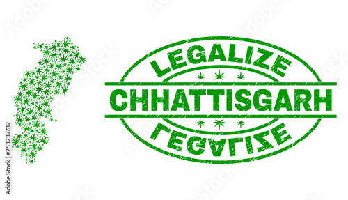 Vector cannabis Chhattisgarh State map collage and grunge textured Legalize stamp seal. Concept with green weed leaves. Concept for cannabis legalize campaign.