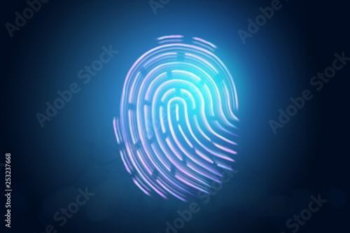 Futuristic hologram fingerprint, blue, ultraviolet. Concept of fingerprint, biometric, information technology and cyber security, technology, data protection. 3D illustration, 3D rendering.