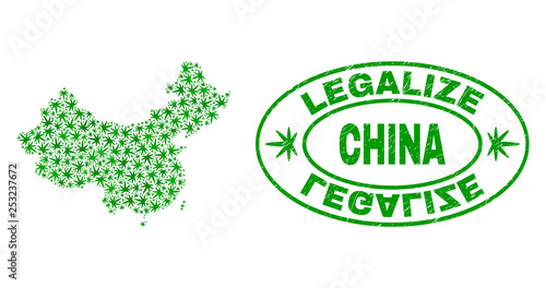 Vector cannabis China map collage and grunge textured Legalize stamp seal. Concept with green weed leaves. Template for cannabis legalize campaign. Vector China map is formed of cannabis leaves.