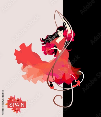 Spanish girl in a red dress, with a flaming soaring hem, is dancing flamenco. The treble clef is like a whirlwind around her. Beautiful musical logo, concert poster template.